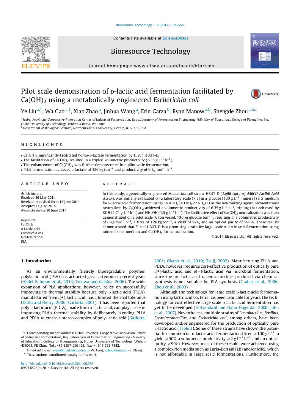 Pilot scale demonstration of d-lactic acid fermentation facilitated by Ca(OH)2 using a metabolically engineered Escherichia coli