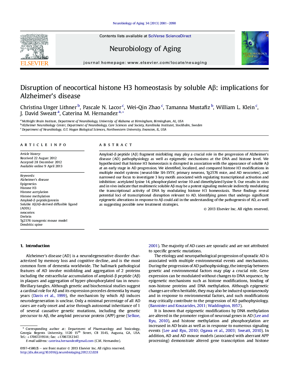 Disruption of neocortical histone H3 homeostasis by soluble AÎ²: implications for Alzheimer's disease