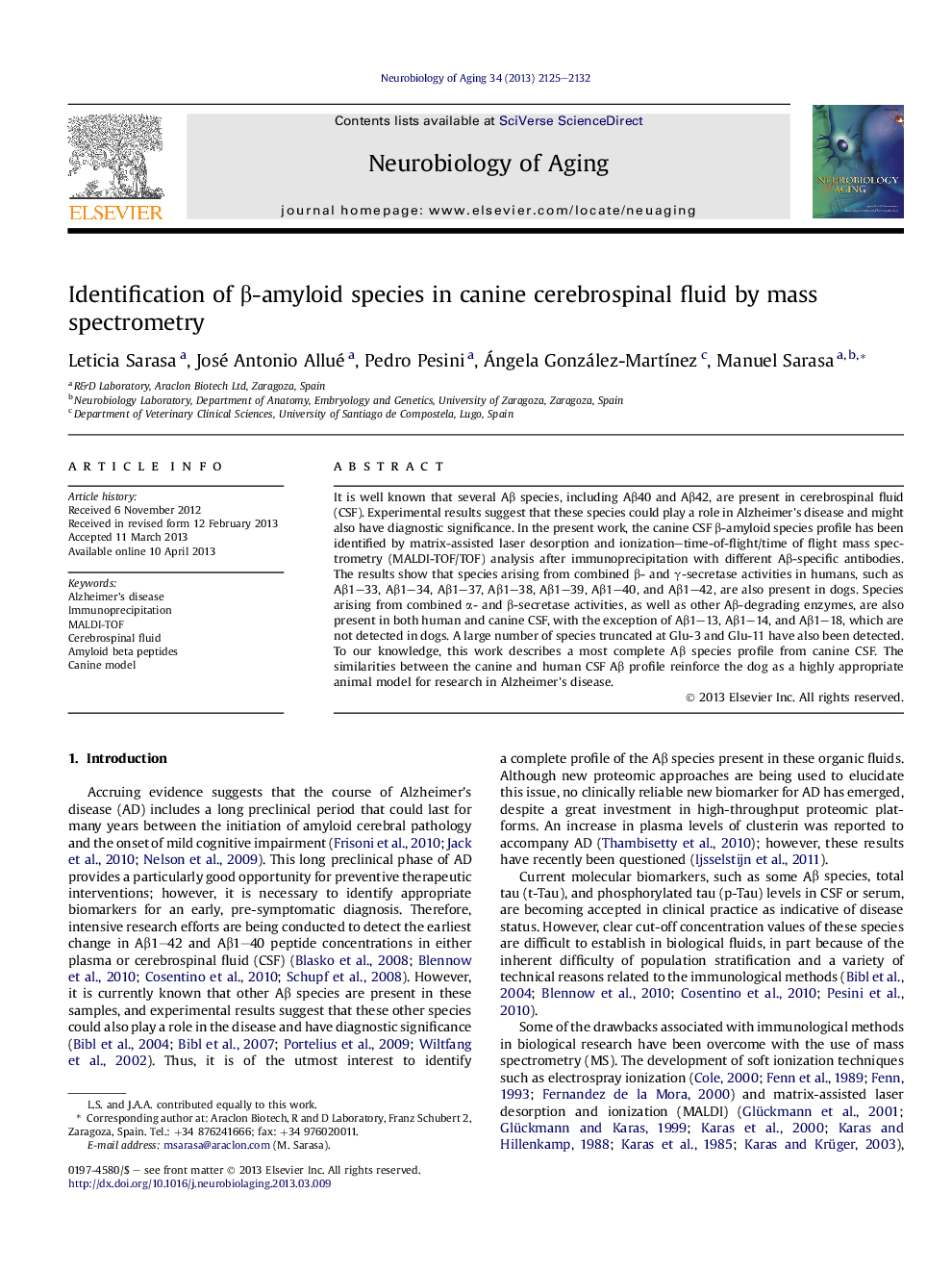 Identification of Î²-amyloid species in canine cerebrospinal fluid by mass spectrometry