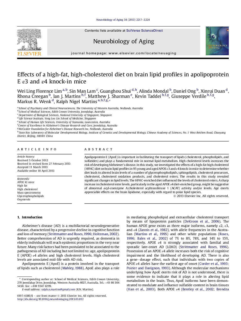 Effects of a high-fat, high-cholesterol diet on brain lipid profiles in apolipoprotein E É3 and É4 knock-in mice