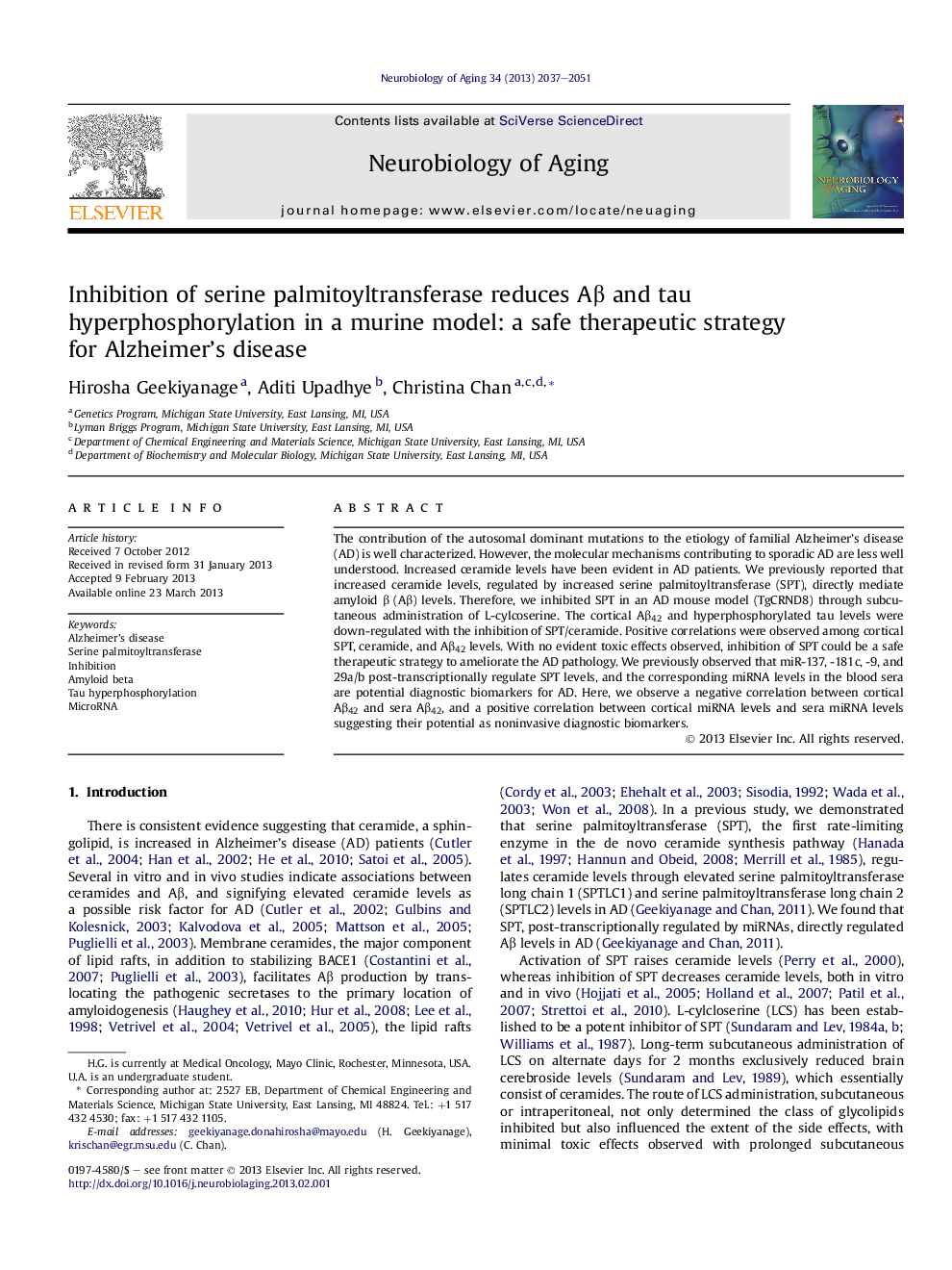 Inhibition of serine palmitoyltransferase reduces AÎ² and tau hyperphosphorylation in a murine model: a safe therapeutic strategy for Alzheimer's disease