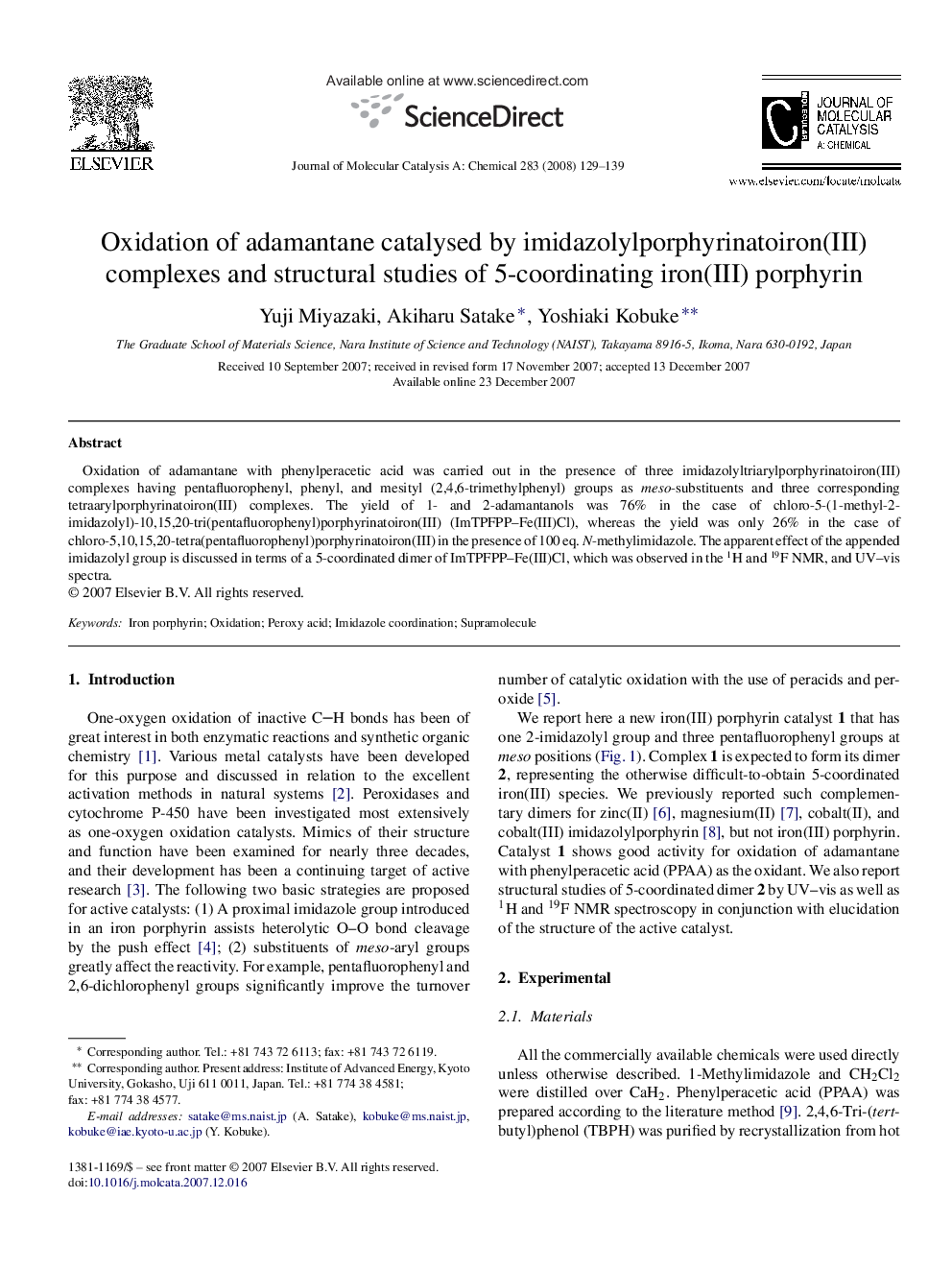 Oxidation of adamantane catalysed by imidazolylporphyrinatoiron(III) complexes and structural studies of 5-coordinating iron(III) porphyrin