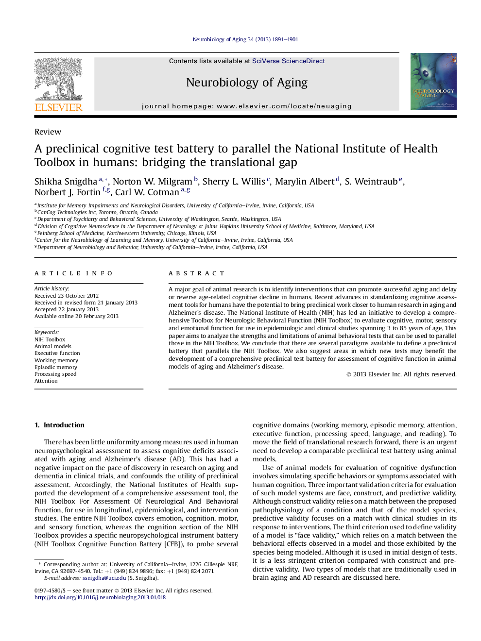 A preclinical cognitive test battery to parallel the National Institute of Health Toolbox in humans: bridging the translational gap