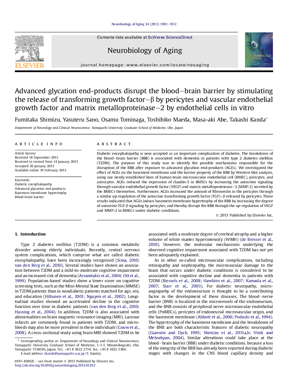 Advanced glycation end-products disrupt the blood-brain barrier by stimulating the release of transforming growth factor-Î² by pericytes and vascular endothelial growth factor and matrix metalloproteinase-2 by endothelial cells inÂ vitro