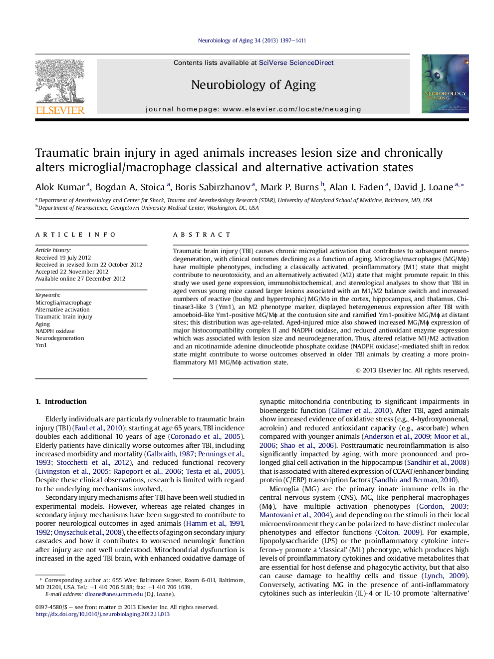 Traumatic brain injury in aged animals increases lesion size and chronically alters microglial/macrophage classical and alternative activation states