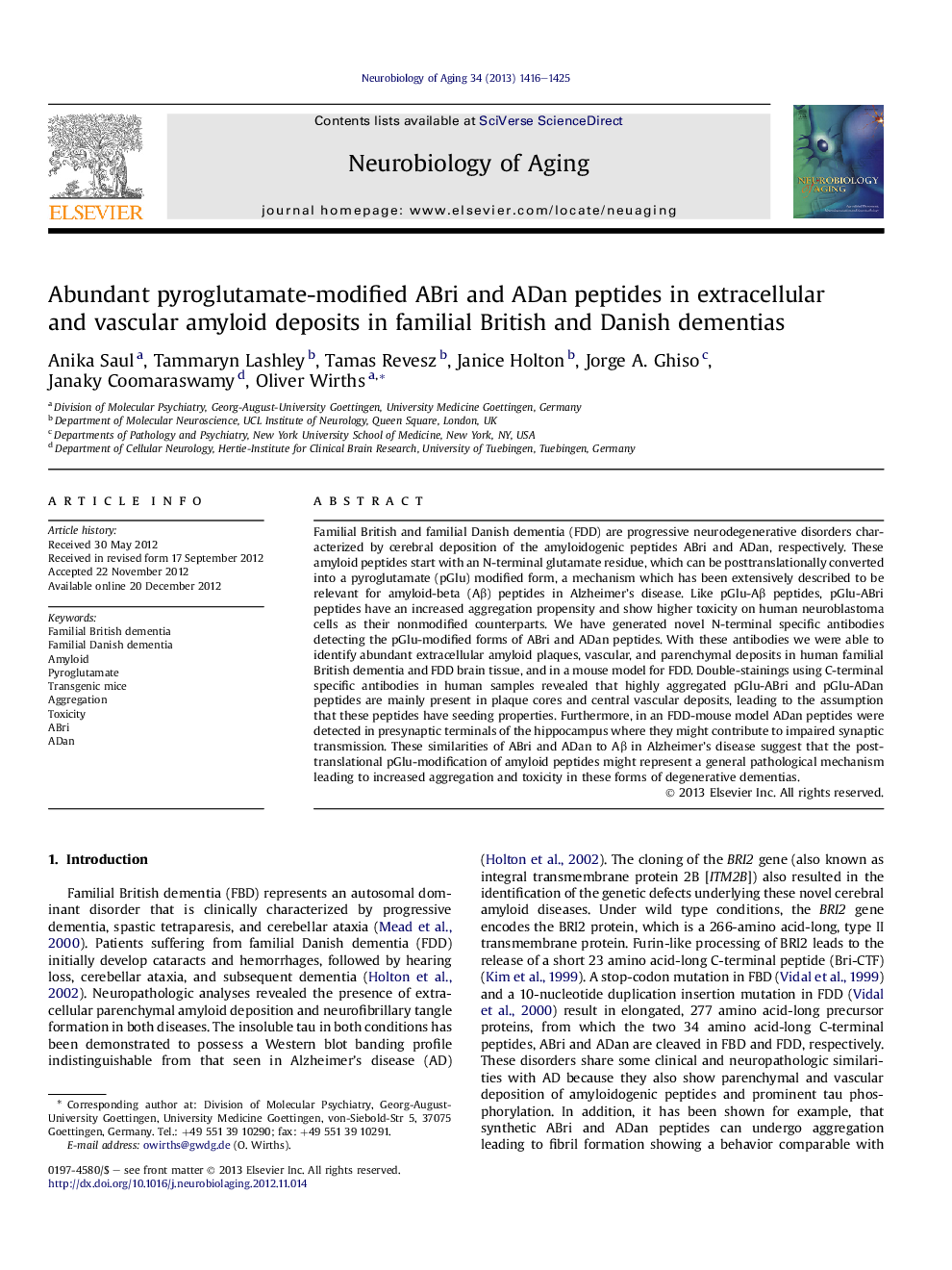 Abundant pyroglutamate-modified ABri and ADan peptides in extracellular and vascular amyloid deposits in familial British and Danish dementias