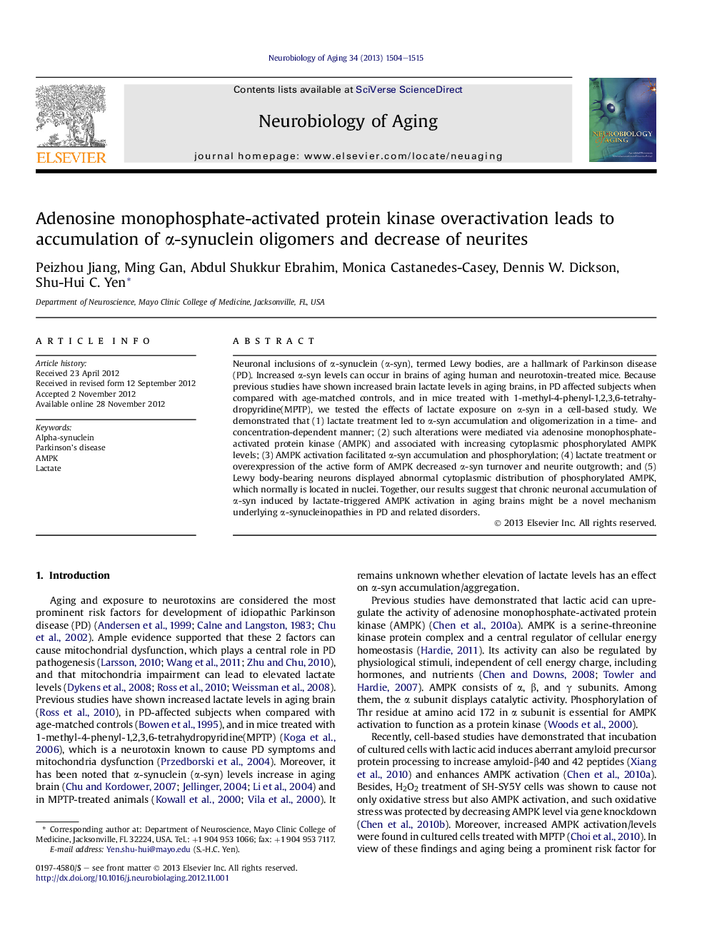 عکس صفحه اول مقاله: Adenosine monophosphate-activated protein kinase overactivation leads to accumulation of α-synuclein oligomers and decrease of neurites Adenosine monophosphate-activated protein kinase overactivation leads to accumulation of α-synuclein oligomers and decrease of neurites