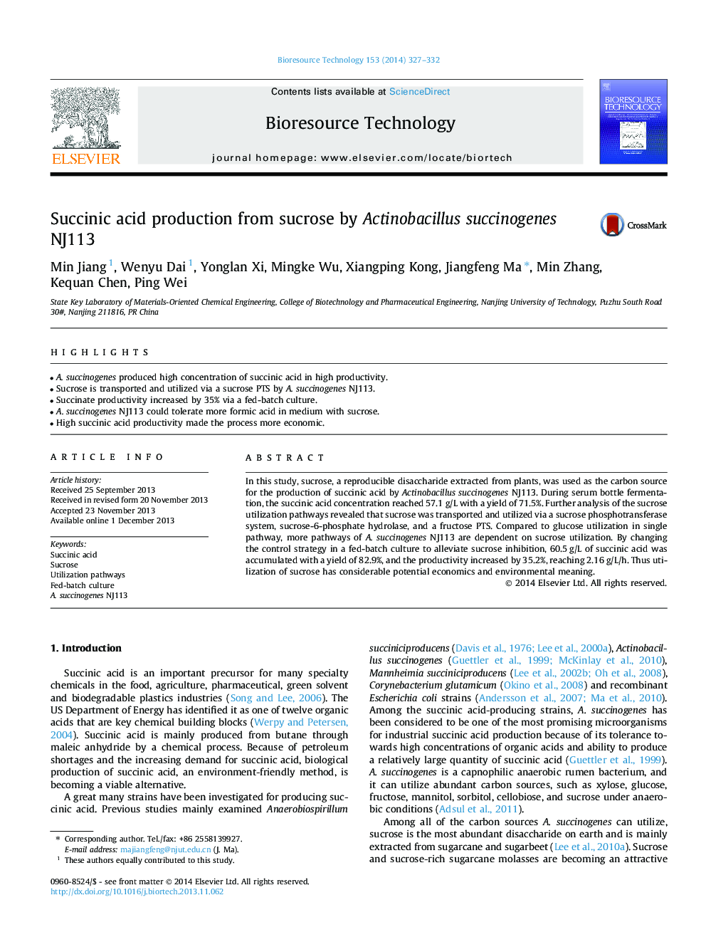 Succinic acid production from sucrose by Actinobacillus succinogenes NJ113