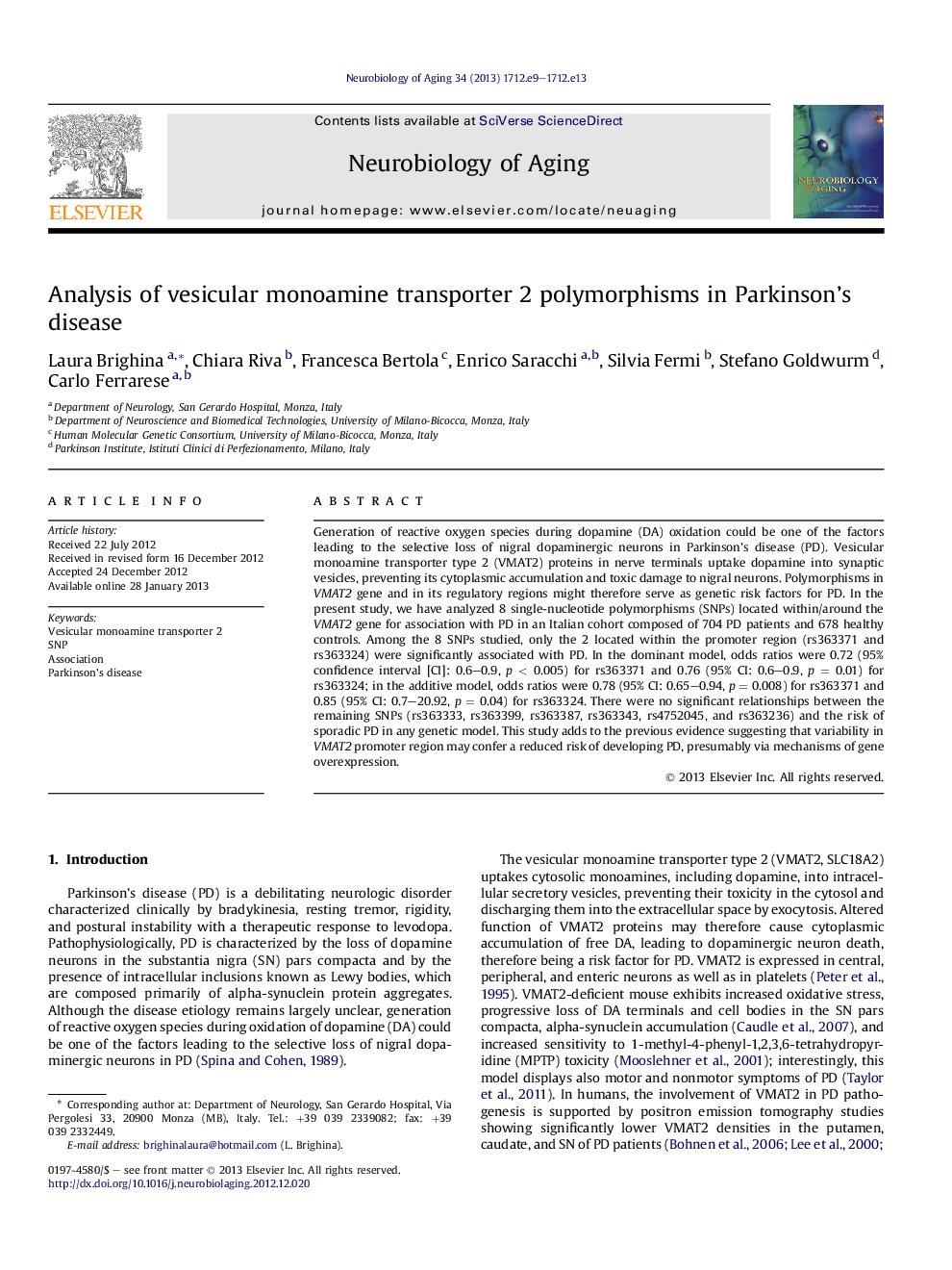 Analysis of vesicular monoamine transporter 2 polymorphisms in Parkinson's disease