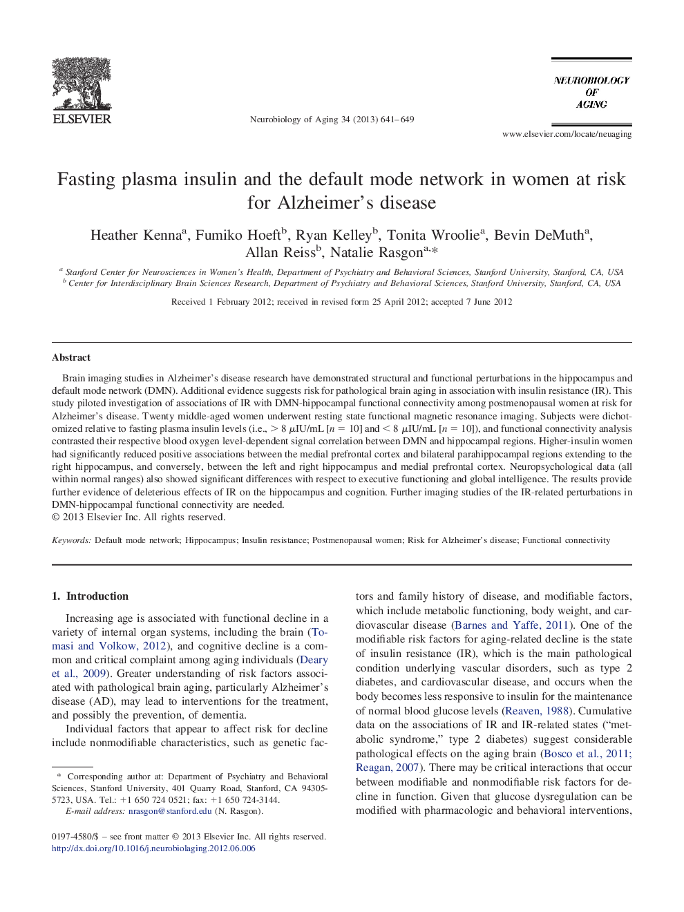 Fasting plasma insulin and the default mode network in women at risk for Alzheimer's disease