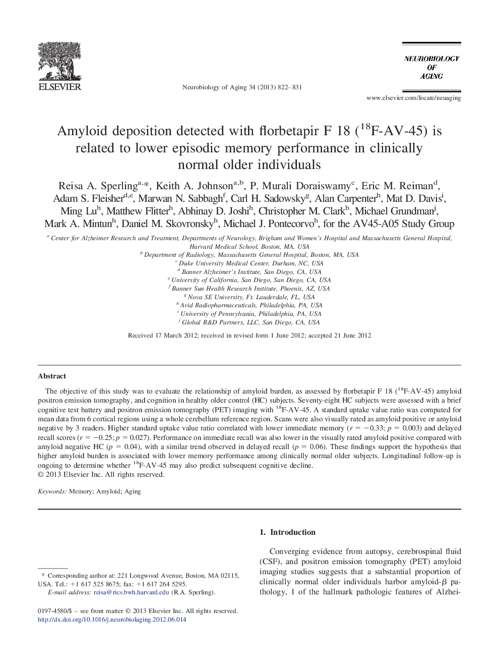 عکس صفحه اول مقاله: Amyloid deposition detected with florbetapir F 18 (18F-AV-45) is related to lower episodic memory performance in clinically normal older individuals Amyloid deposition detected with florbetapir F 18 (18F-AV-45) is related to lower episodic memory performance in clinically normal older individuals