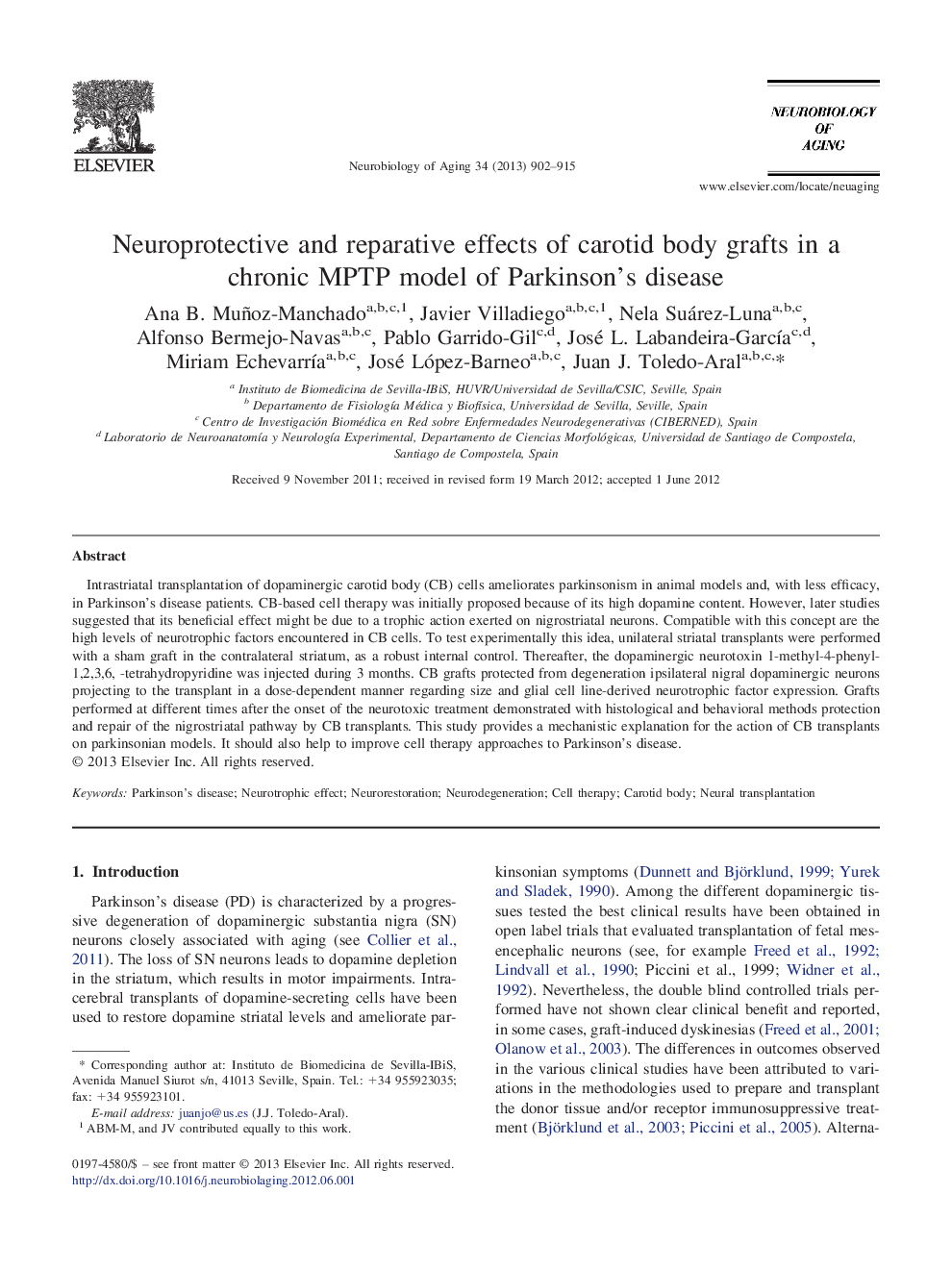 Neuroprotective and reparative effects of carotid body grafts in a chronic MPTP model of Parkinson's disease