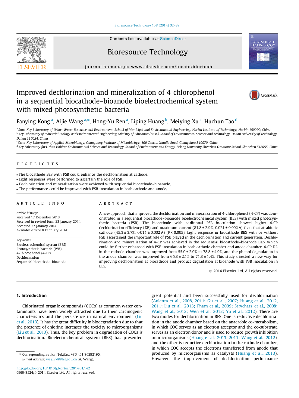 Improved dechlorination and mineralization of 4-chlorophenol in a sequential biocathode–bioanode bioelectrochemical system with mixed photosynthetic bacteria