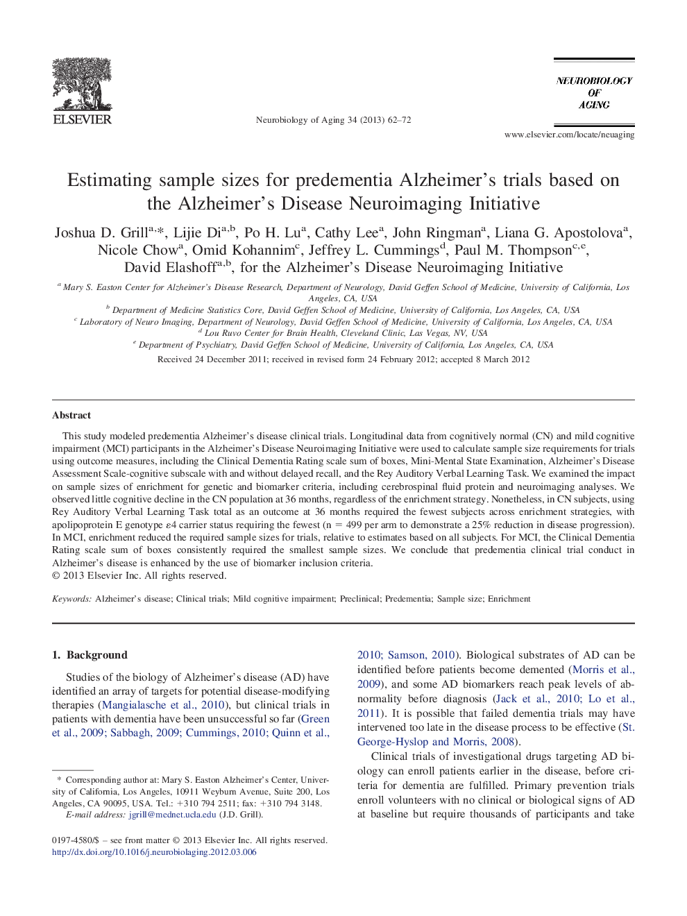 Estimating sample sizes for predementia Alzheimer's trials based on the Alzheimer's Disease Neuroimaging Initiative