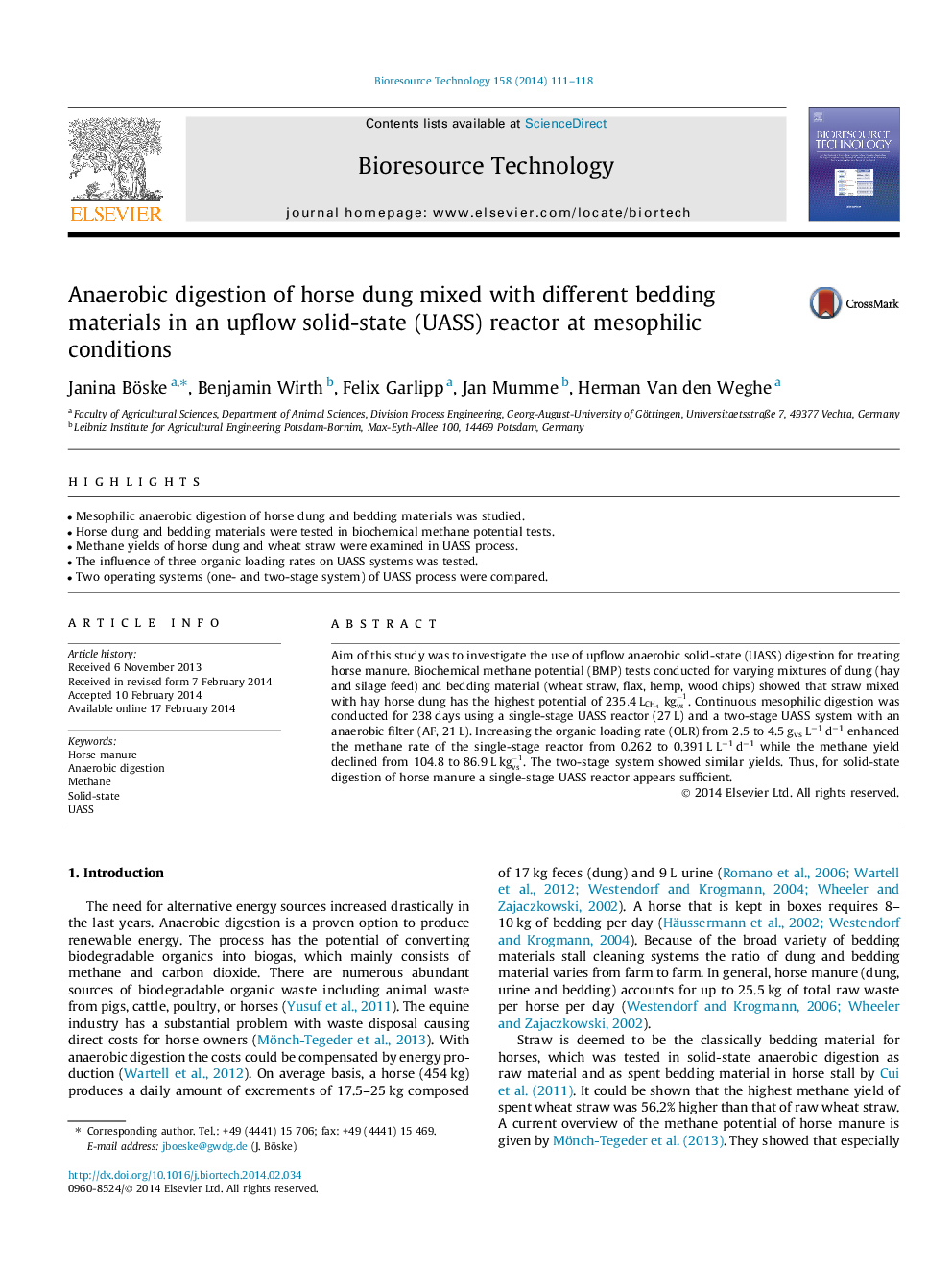 Anaerobic digestion of horse dung mixed with different bedding materials in an upflow solid-state (UASS) reactor at mesophilic conditions