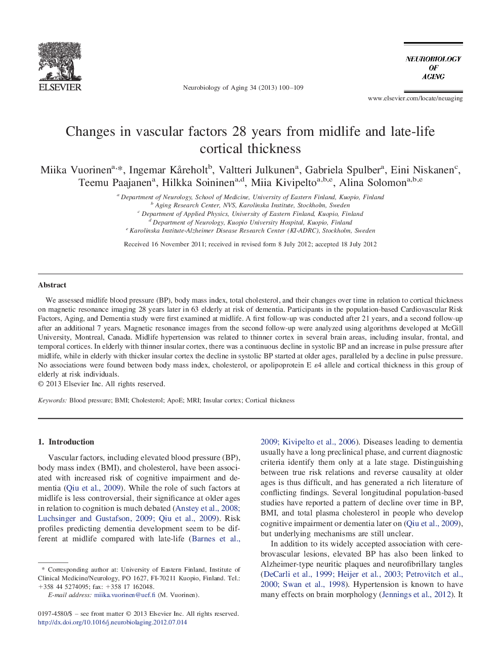 Changes in vascular factors 28 years from midlife and late-life cortical thickness