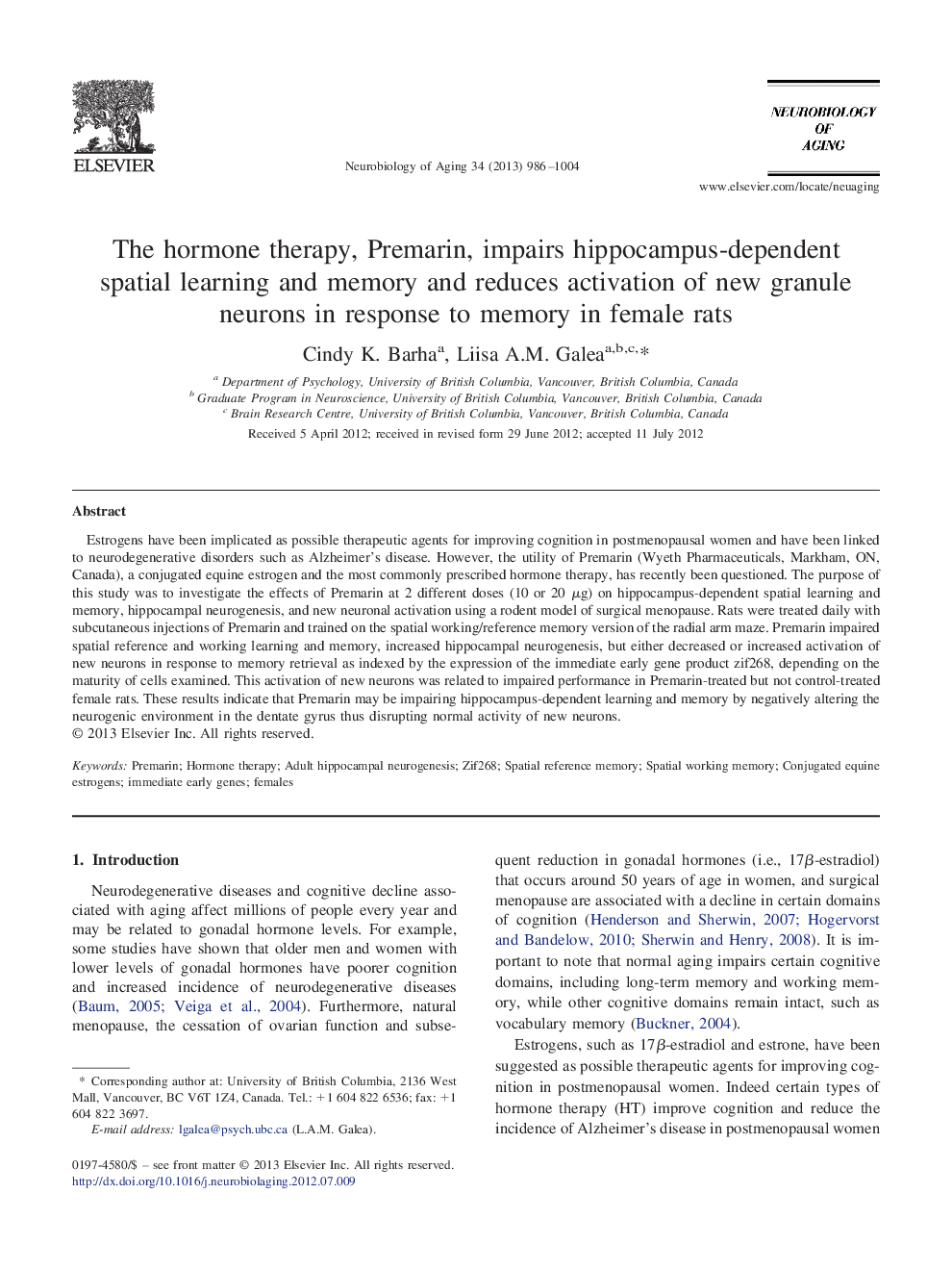 The hormone therapy, Premarin, impairs hippocampus-dependent spatial learning and memory and reduces activation of new granule neurons in response to memory in female rats