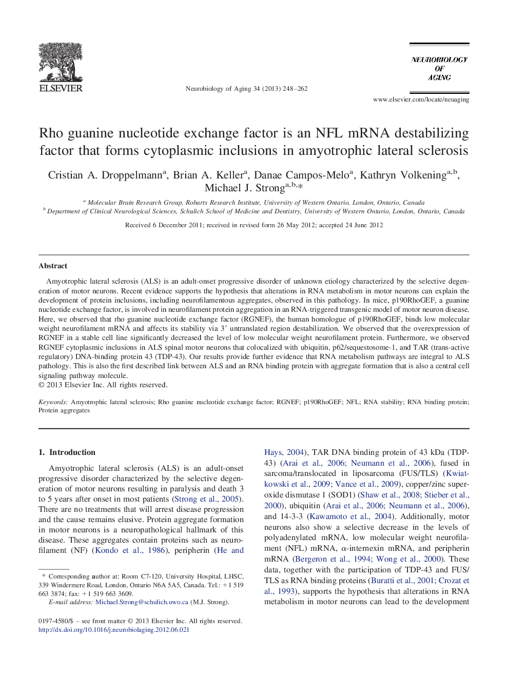 Rho guanine nucleotide exchange factor is an NFL mRNA destabilizing factor that forms cytoplasmic inclusions in amyotrophic lateral sclerosis