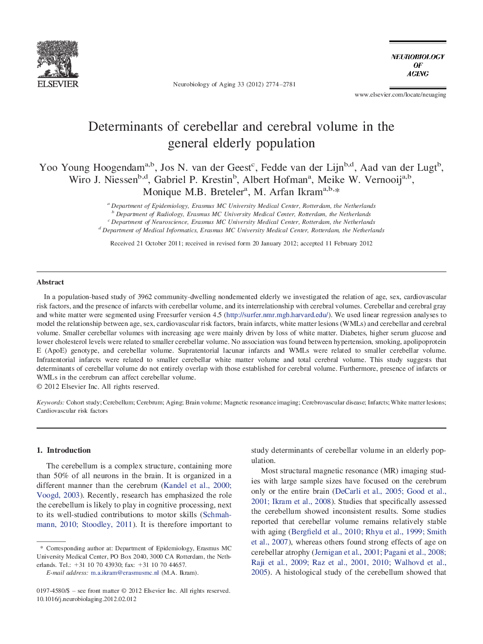 Determinants of cerebellar and cerebral volume in the general elderly population