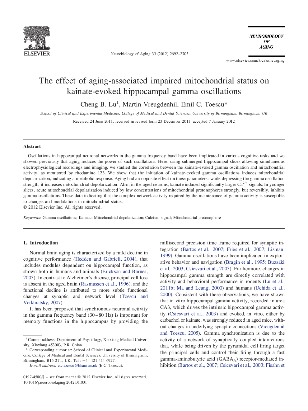 The effect of aging-associated impaired mitochondrial status on kainate-evoked hippocampal gamma oscillations