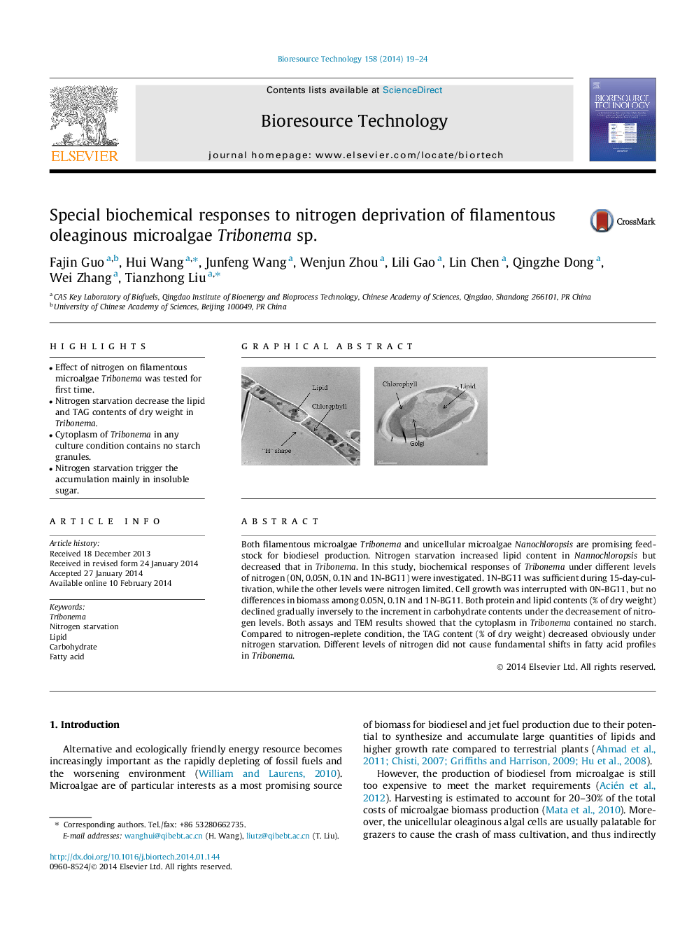 Special biochemical responses to nitrogen deprivation of filamentous oleaginous microalgae Tribonema sp.