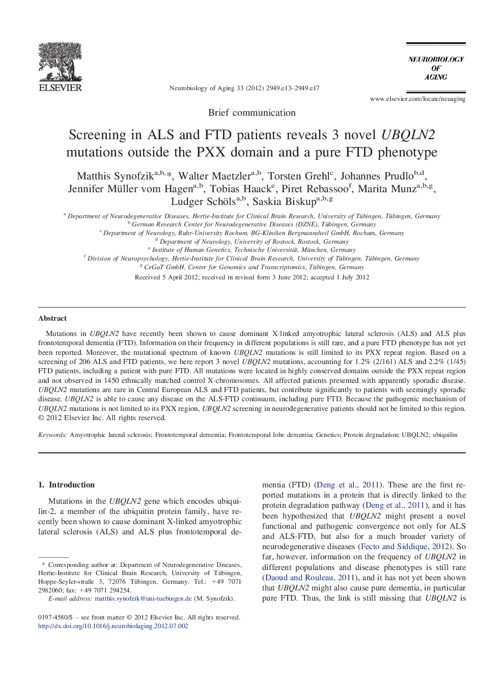 Screening in ALS and FTD patients reveals 3 novel UBQLN2 mutations outside the PXX domain and a pure FTD phenotype