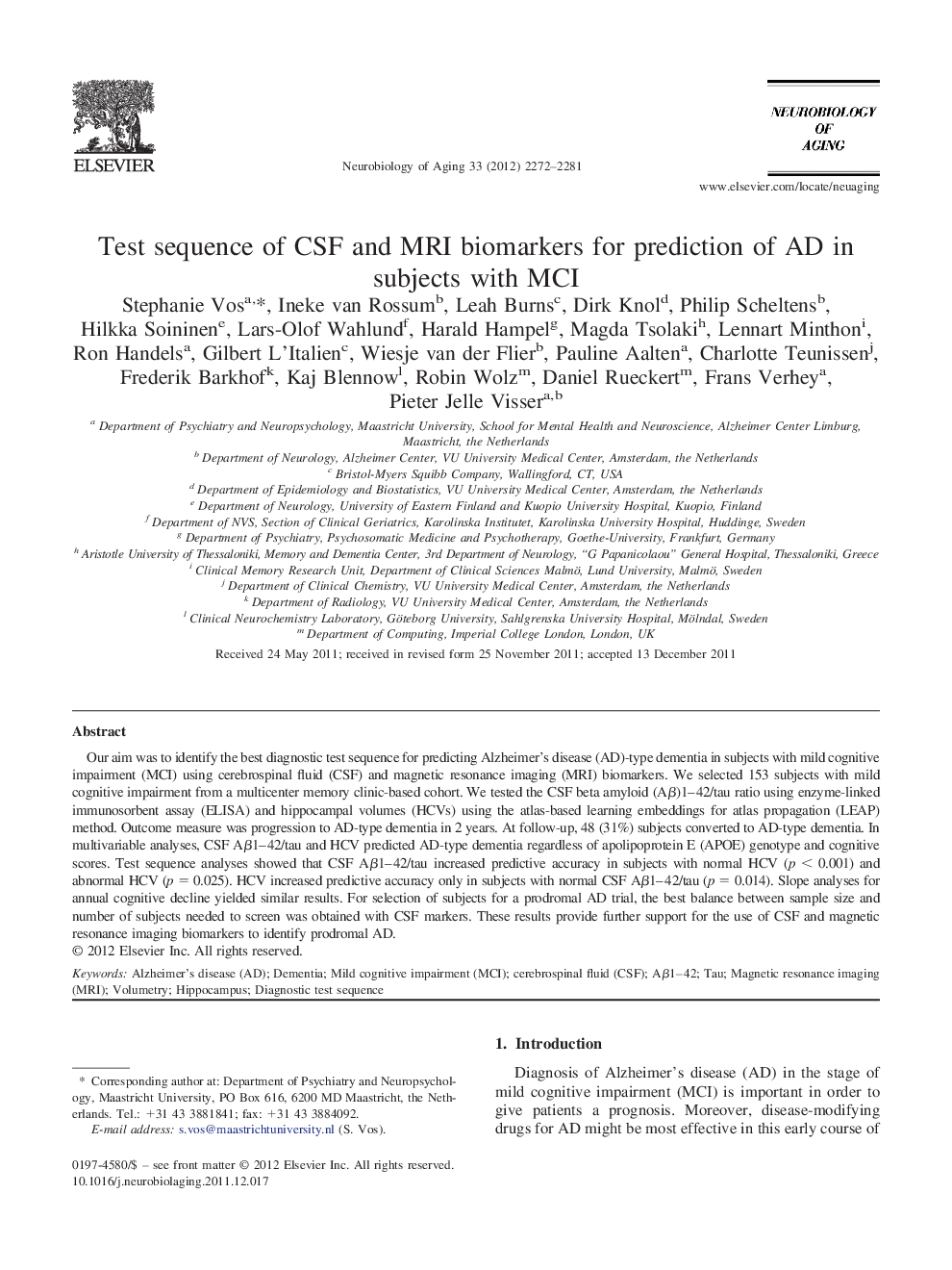 Test sequence of CSF and MRI biomarkers for prediction of AD in subjects with MCI