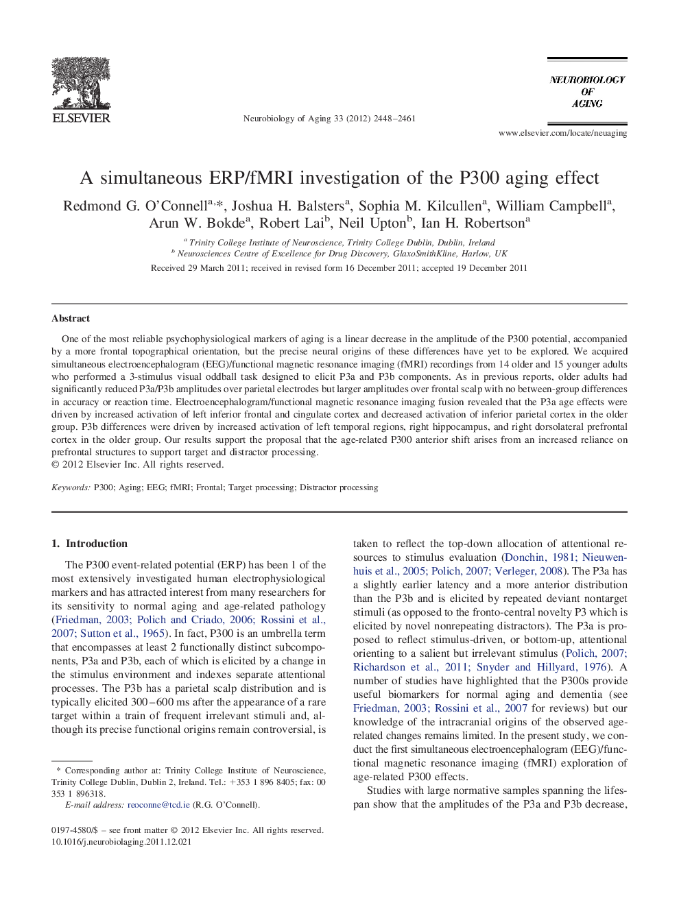 A simultaneous ERP/fMRI investigation of the P300 aging effect