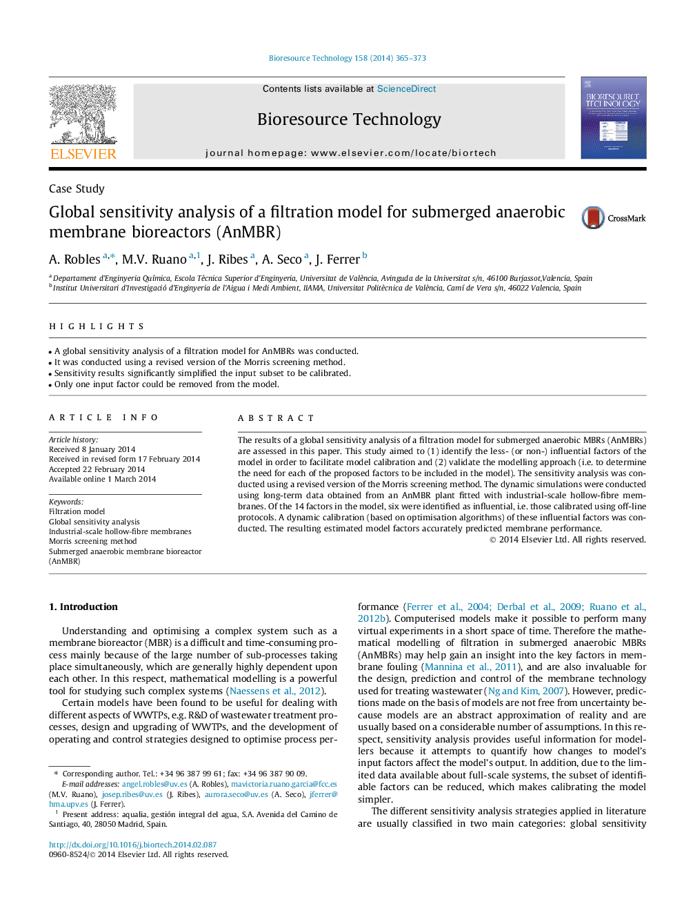 Global sensitivity analysis of a filtration model for submerged anaerobic membrane bioreactors (AnMBR)