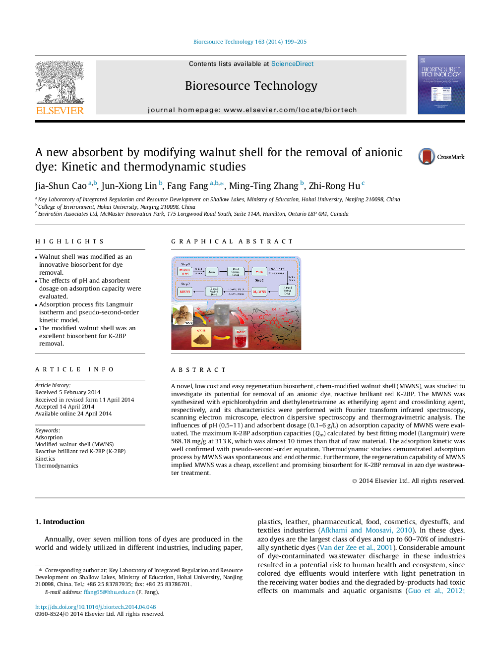 A new absorbent by modifying walnut shell for the removal of anionic dye: Kinetic and thermodynamic studies