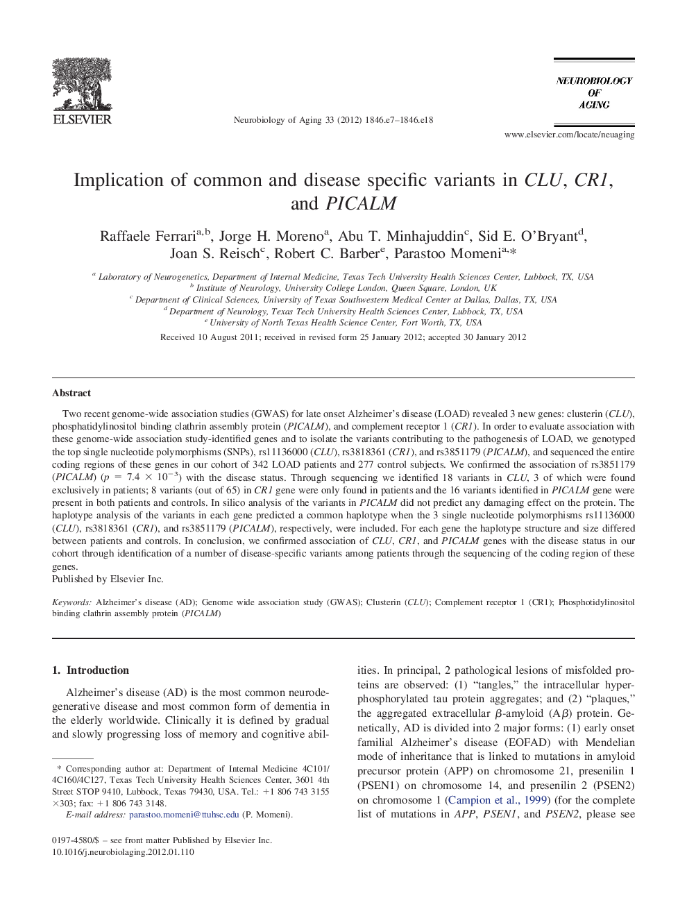 Implication of common and disease specific variants in CLU, CR1, and PICALM