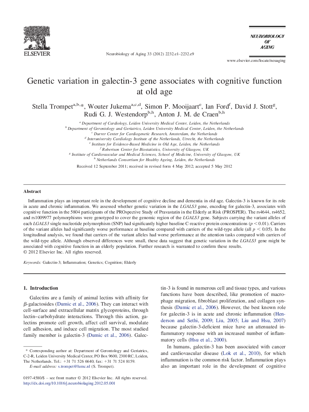 Genetic variation in galectin-3 gene associates with cognitive function at old age