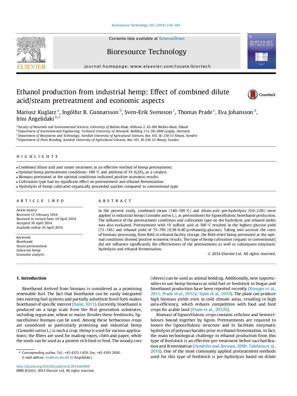 Ethanol production from industrial hemp: Effect of combined dilute acid/steam pretreatment and economic aspects