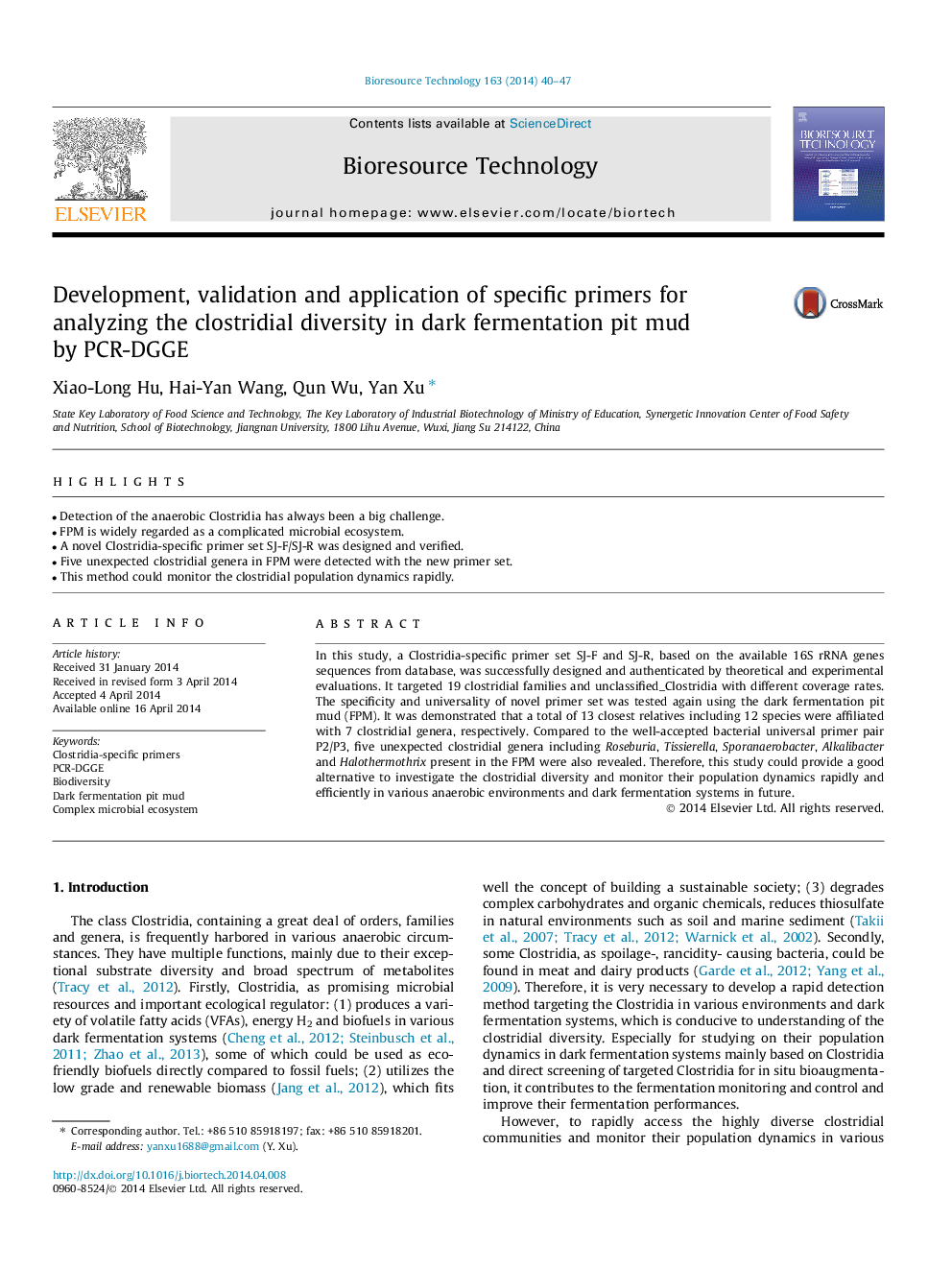 Development, validation and application of specific primers for analyzing the clostridial diversity in dark fermentation pit mud by PCR-DGGE