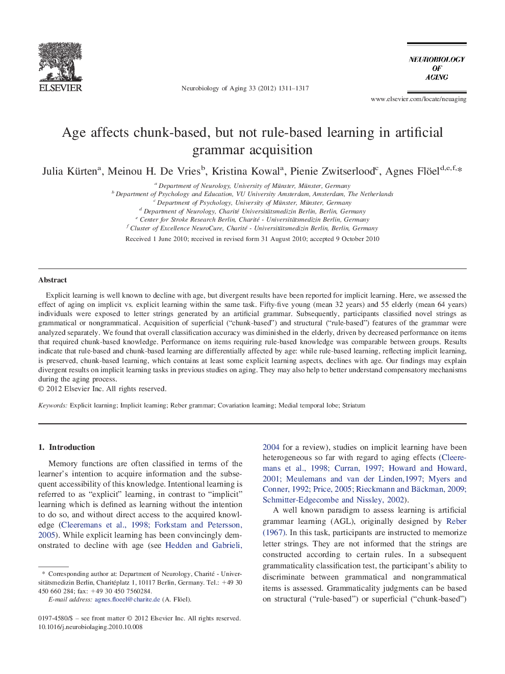 Age affects chunk-based, but not rule-based learning in artificial grammar acquisition