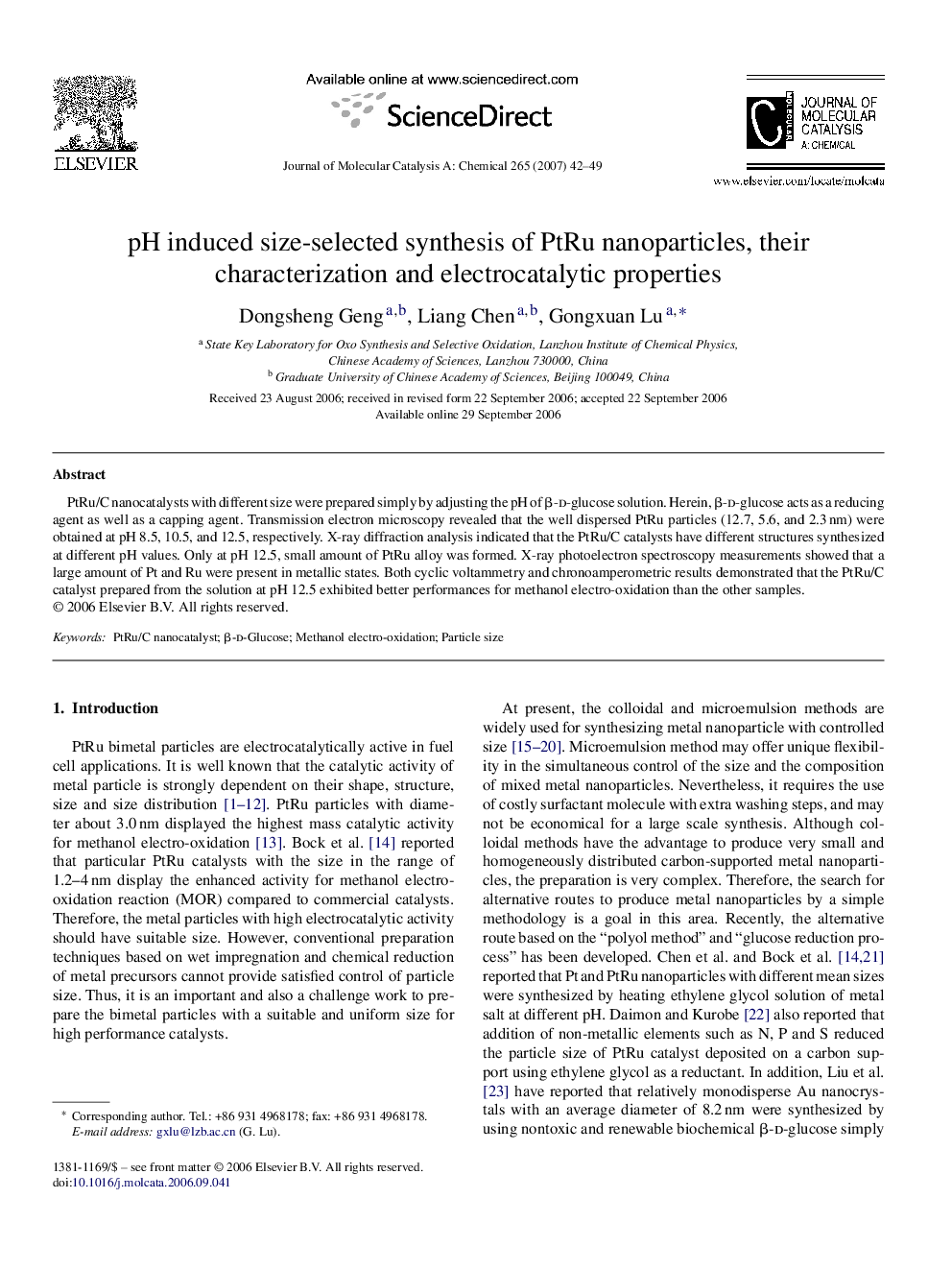 pH induced size-selected synthesis of PtRu nanoparticles, their characterization and electrocatalytic properties