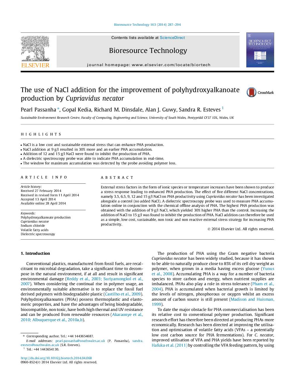 عکس صفحه اول مقاله: The use of NaCl addition for the improvement of polyhydroxyalkanoate production by Cupriavidus necator The use of NaCl addition for the improvement of polyhydroxyalkanoate production by Cupriavidus necator
