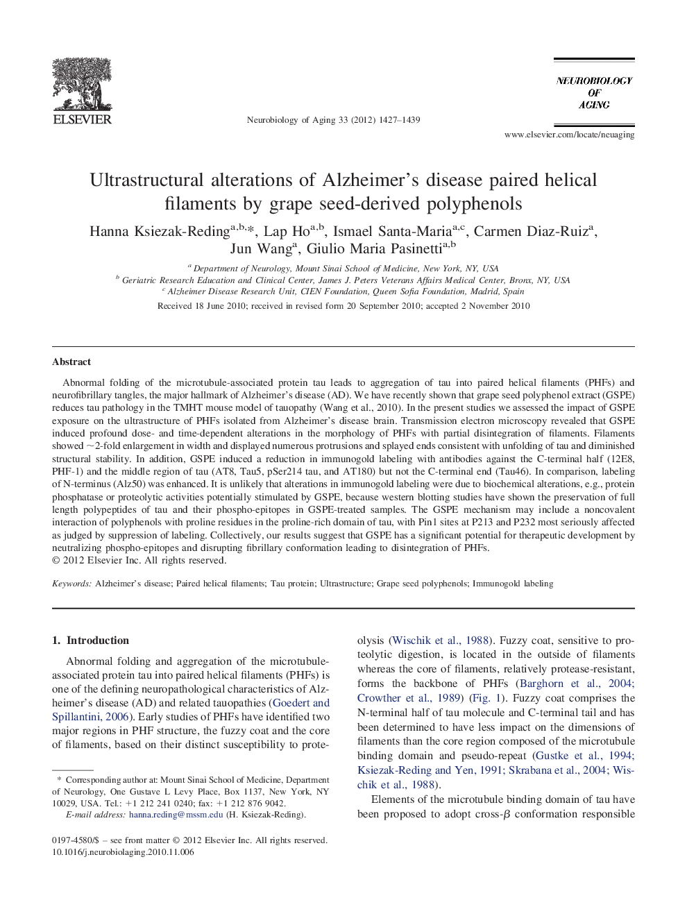 Ultrastructural alterations of Alzheimer's disease paired helical filaments by grape seed-derived polyphenols