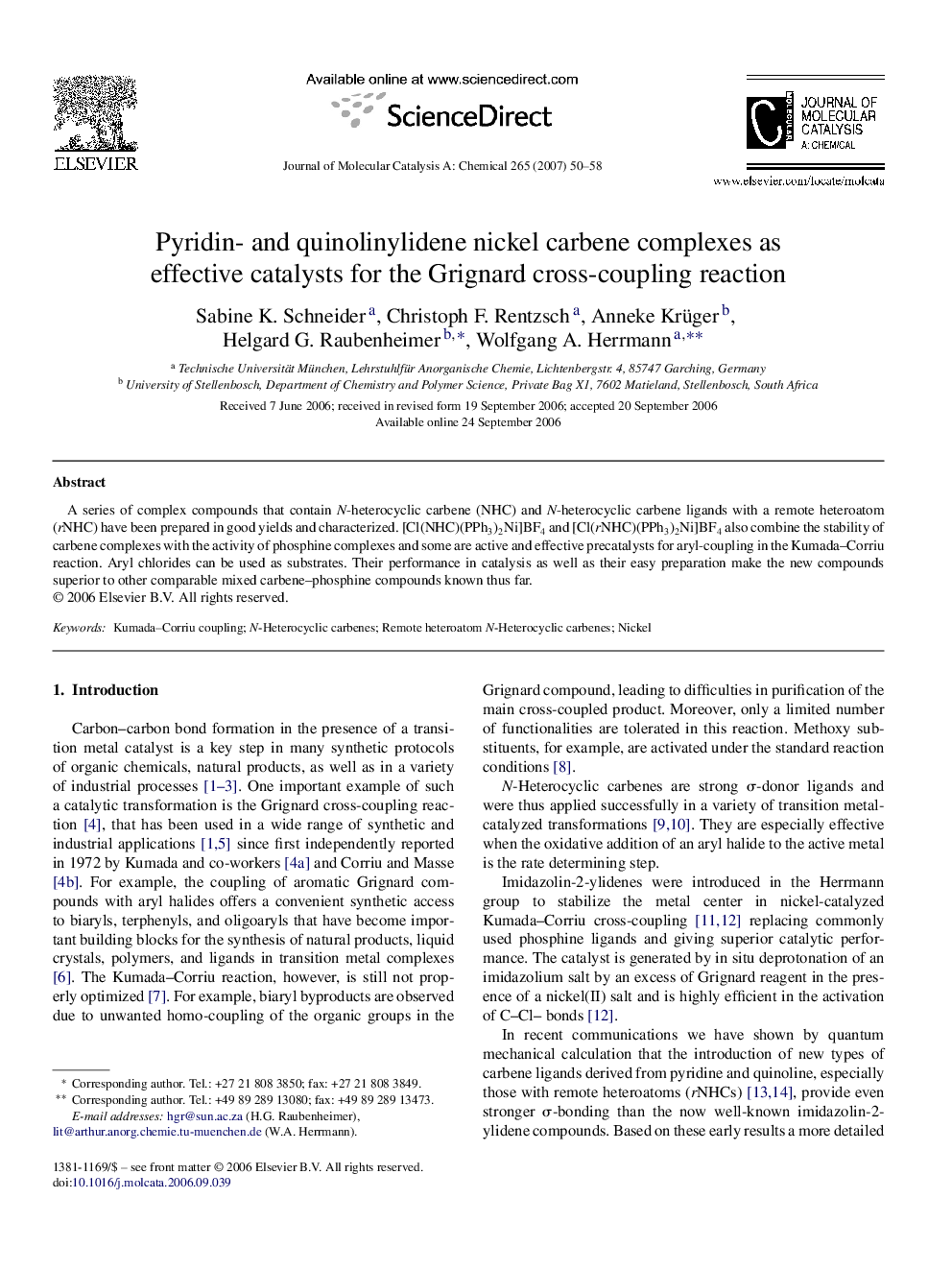 Pyridin- and quinolinylidene nickel carbene complexes as effective catalysts for the Grignard cross-coupling reaction