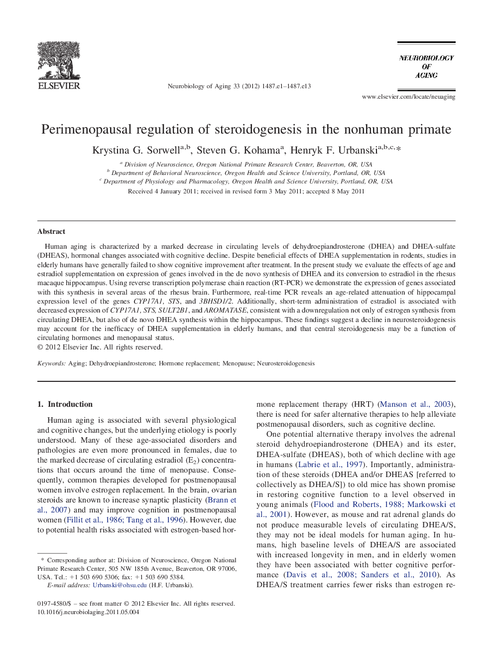 Perimenopausal regulation of steroidogenesis in the nonhuman primate