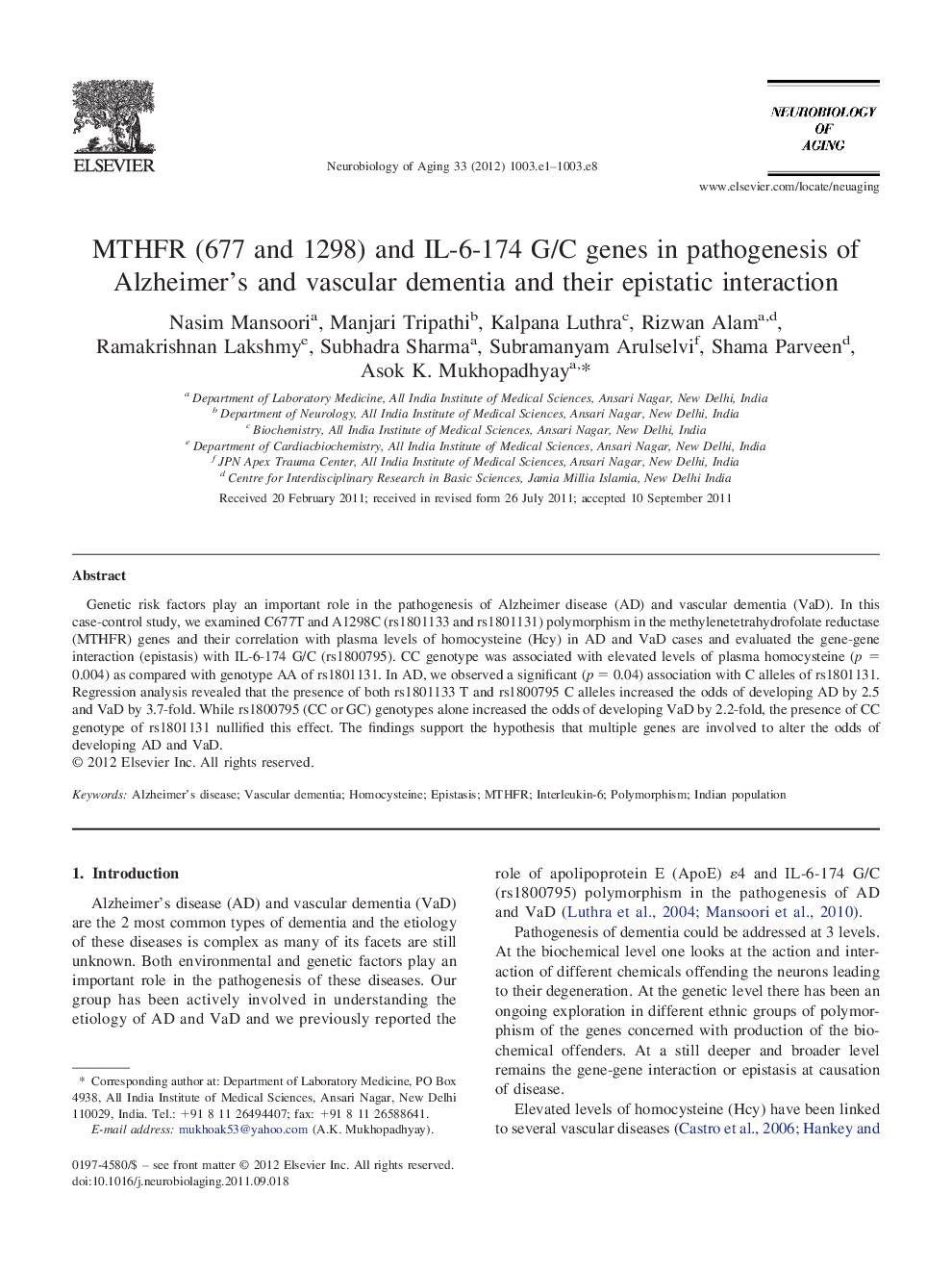 MTHFR (677 and 1298) and IL-6-174 G/C genes in pathogenesis of Alzheimer's and vascular dementia and their epistatic interaction