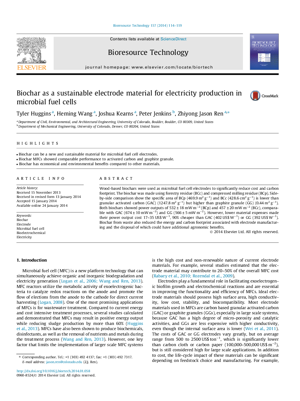 عکس صفحه اول مقاله: Biochar as a sustainable electrode material for electricity production in microbial fuel cells Biochar as a sustainable electrode material for electricity production in microbial fuel cells