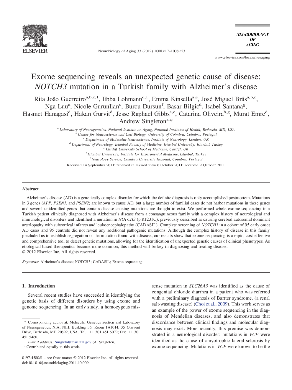 Exome sequencing reveals an unexpected genetic cause of disease: NOTCH3 mutation in a Turkish family with Alzheimer's disease