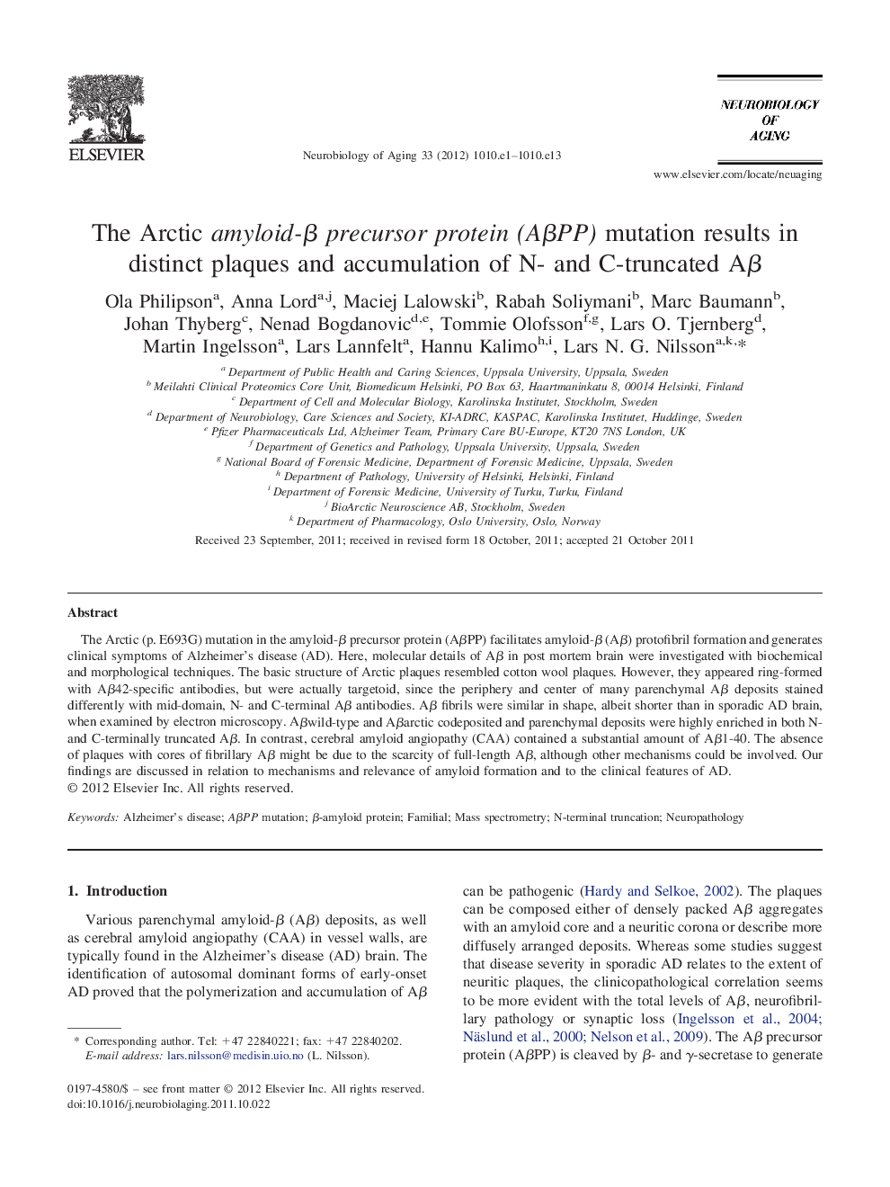 The Arctic amyloid-Î² precursor protein (AÎ²PP) mutation results in distinct plaques and accumulation of N- and C-truncated AÎ²