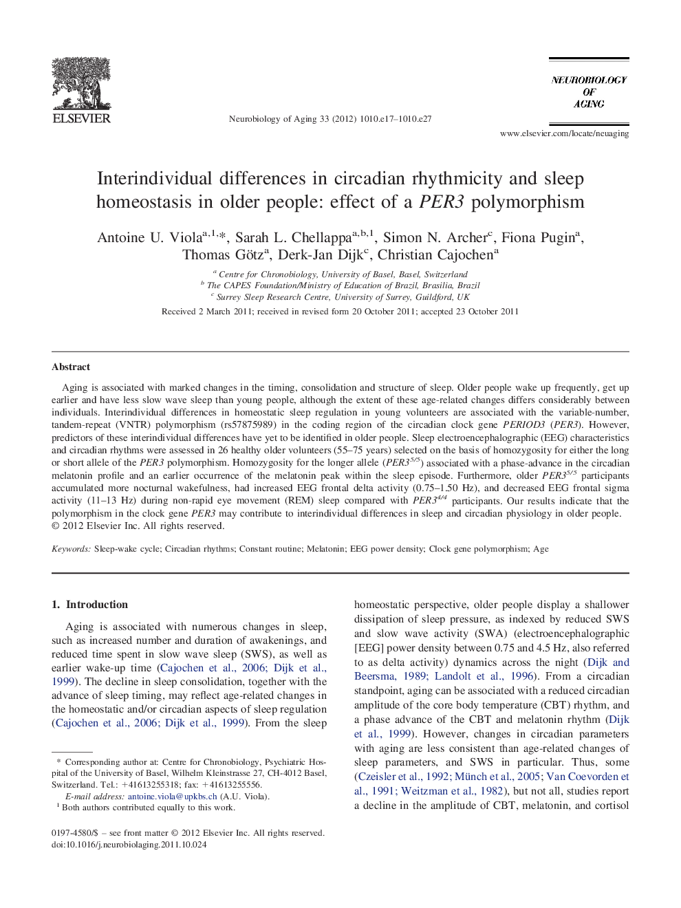 Interindividual differences in circadian rhythmicity and sleep homeostasis in older people: effect of a PER3 polymorphism