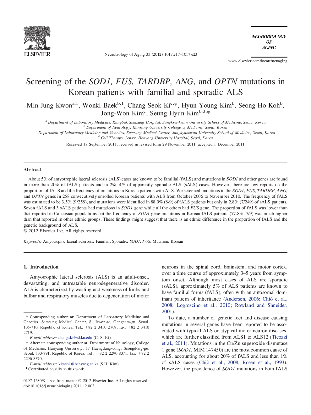 Screening of the SOD1, FUS, TARDBP, ANG, and OPTN mutations in Korean patients with familial and sporadic ALS