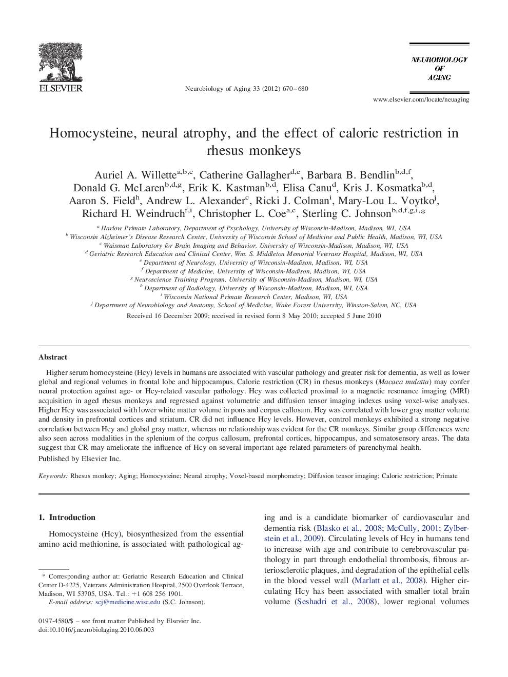 Homocysteine, neural atrophy, and the effect of caloric restriction in rhesus monkeys