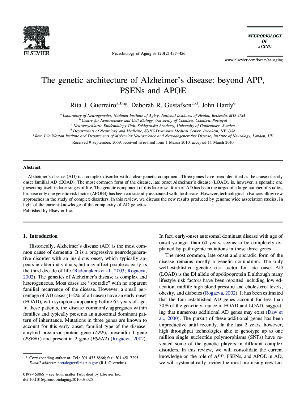 The genetic architecture of Alzheimer's disease: beyond APP, PSENs and APOE