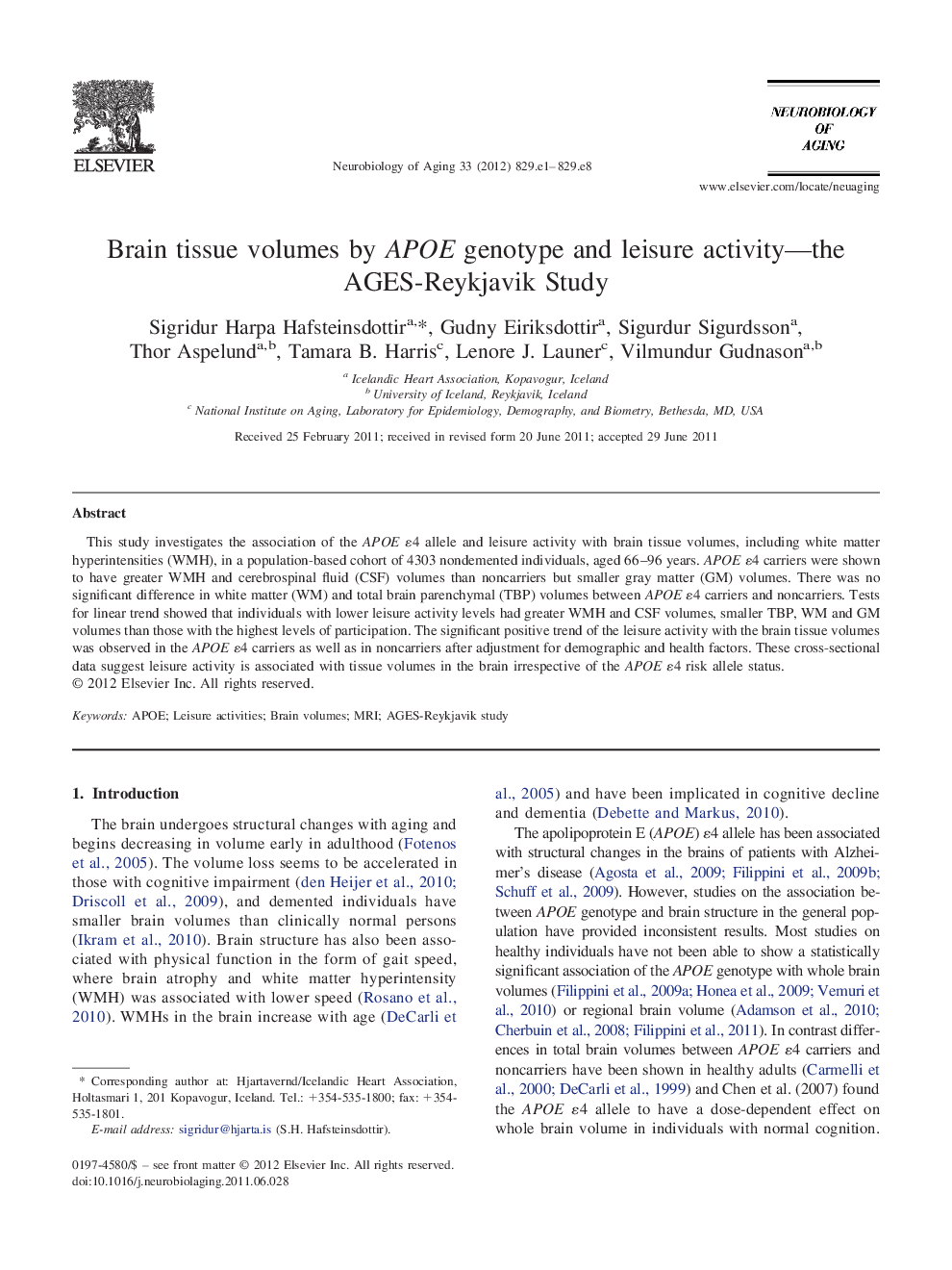 Brain tissue volumes by APOE genotype and leisure activity-the AGES-Reykjavik Study