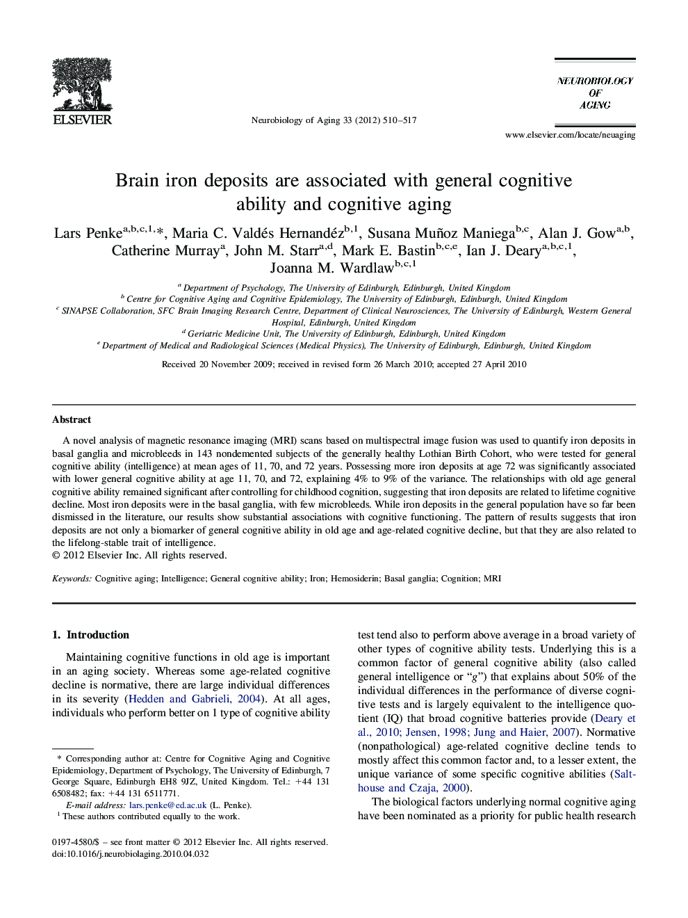 Brain iron deposits are associated with general cognitive ability and cognitive aging